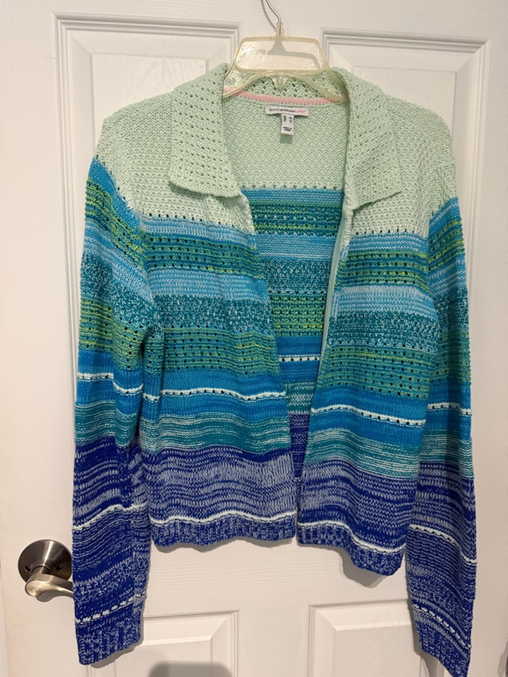 Isaac Mizrahi Mint, Teal & Blue Striped Open Knit Cardigan